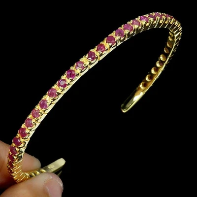 925 Sterling Silver Bangle Round Ruby 2mm Natural Gemstone Jewelry 6.2inches - Image 1 of 4