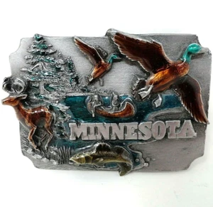 Minnesota Sportsman Belt Buckle Duck Deer Fish Lake Trees Vtg 80s Siskiyou.DBD73 - Picture 1 of 6
