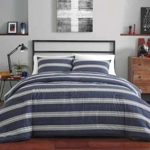 Nautica King Size Reversible Comforter Set 3-Piece Navy Blue w/ Striped Pattern - Picture 1 of 7