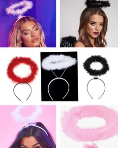 Fluffy Feathers Fallen Dark Angel Halo Headband Black pink red white Halloween - Picture 1 of 5
