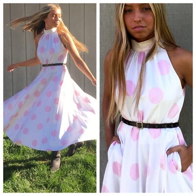 80-х годов Lanz платье высоты шеи Pin вверх подметания в горошек сарафан розовый платье - Изображение 1 из 4