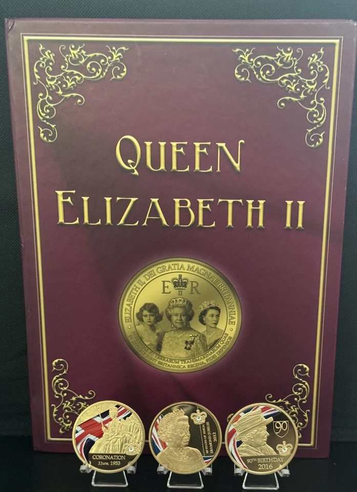 QUEEN ELIZABETH II Collector Album w/3 Gold-plated Swarovski Comm. Coins COA - Image 1 of 4