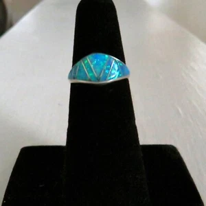 Southwestern Style Sterling Silver Inlay Blue Lab Created Opal Ring Size 6 - Picture 1 of 9