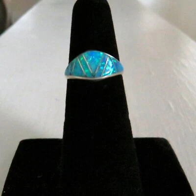 Southwestern Style Sterling Silver Inlay Blue Lab Created Opal Dome  Ring Size 6 - Image 1 of 4