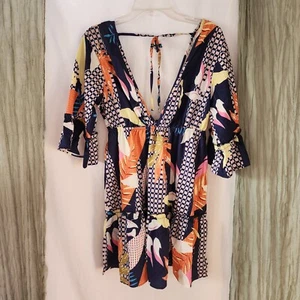 AIMAGE Blue Orange Deep V Neck Short Summer Spring Dress Size S - Picture 1 of 7