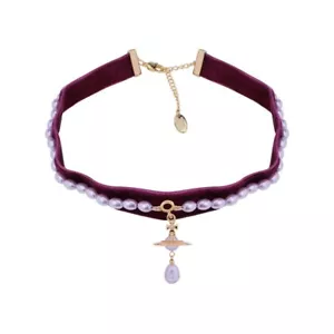 Vivienne Westwood Aleksa Choker in gold wine velvet lilac pearl crystal drop - Picture 1 of 13