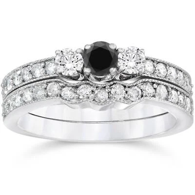 3/4ct Round Black Diamond Three Stone Wedding Engagement Ring Set 10K White Gold - Image 1 of 4