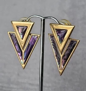 Vintage Butler FAC "Voodoo" Triangle Genuine Paua Abalone Shell 14k Post Earring - Picture 1 of 15
