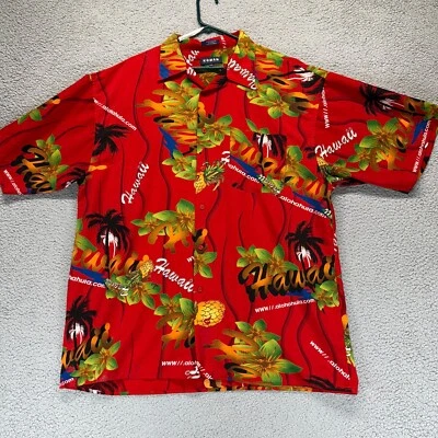 Koman Sport 男式红色夏威夷 Aloha 草裙舞花卉棕榈树聚纽扣衬衫 XXL — 第 1/4 张图片