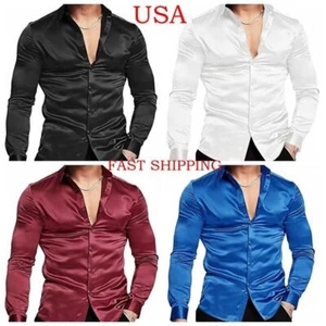 Camisa De Vestir Manga Larga Con Botones Lujo Sedoso Moda Para Hombre Abotonada - Picture 1 of 5