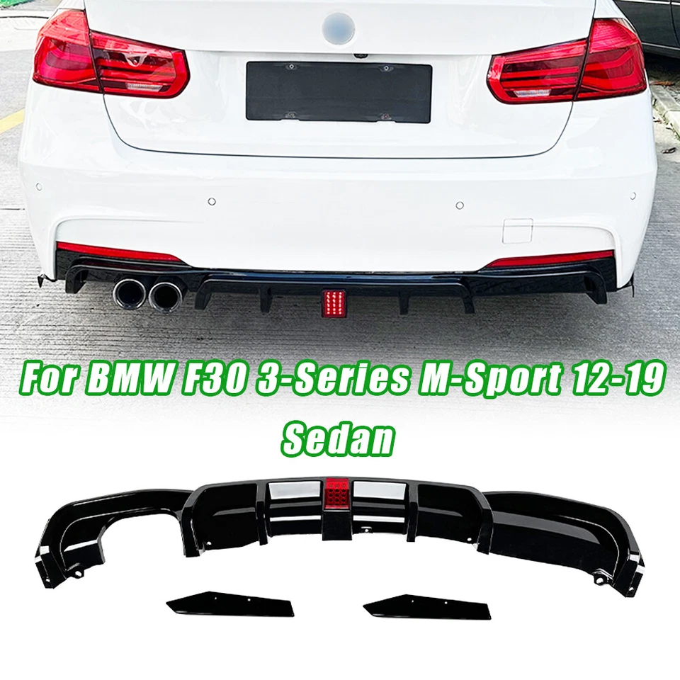 Gloss Black Rear Bumper Diffuser Lip W/Light For BMW F30 M Sport 13-19 Dual Out - Image 1 of 4
