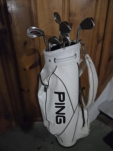 Vintage PING Golf Cart Bag White Black Single Strap W/ Acumark 3-8 P Golf Clubs - Picture 1 of 9