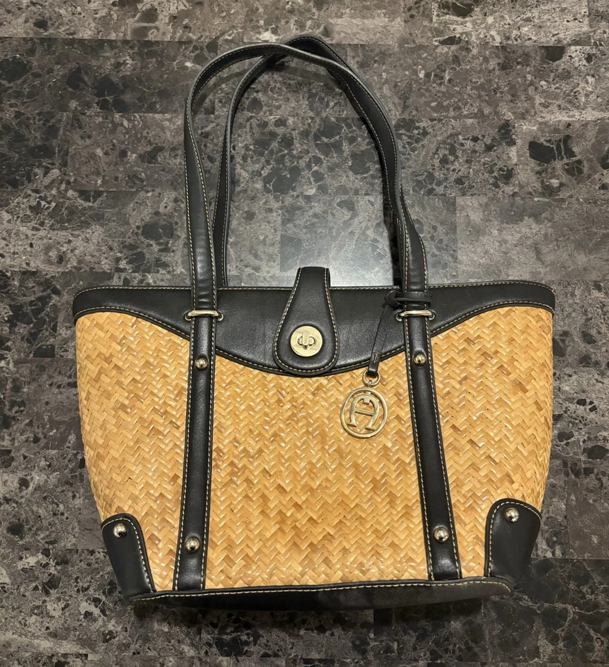 Etienne Aigner Woven Rattan Straw Tote Shoulder Bag Leather Accents Logo Charm - Image 1 of 4