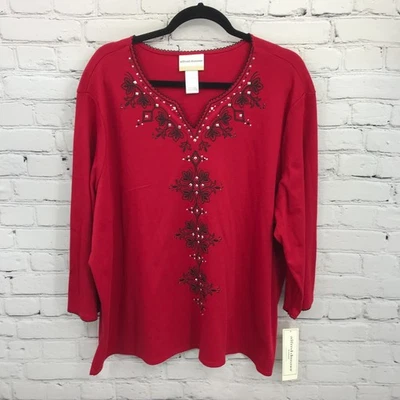 Blusa Alfred Dunner Top Mujer 3X Roja Floral Cuentas Manga Corta Informal Nueva Foto 1 de 4