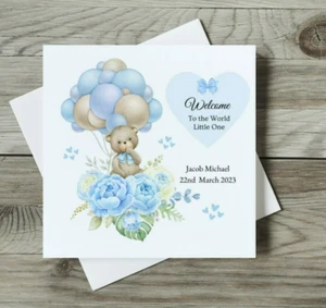 New Baby Card Personalised with name and dob - Pink or Blue - Picture 1 of 4
