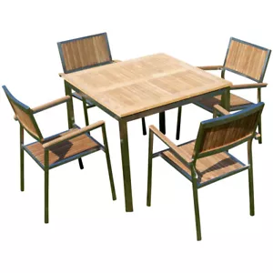 GASTRO Gartengarnitur Edelstahl Teak Tisch 90x90 cm 4 Teak Stuhl stapelbar KUBA - Bild 1 von 8