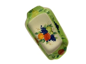 Vintage kleine Auflaufschale grün Obstmuster Trauben Birne orange Apfel - Bild 1 von 12