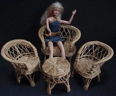 Wicker Rattan Barbie Doll Furniture Patio Set Chairs Bench Loveseat Table - Image 1 of 4