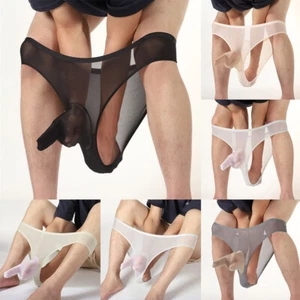 Mens Glossy Panties Sexy Briefs Sheer Underwear Penis Cover Thongs Breathable - Picture 1 of 37