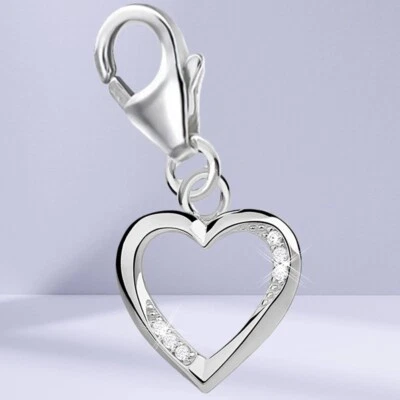 Weiß Zirkonia Herz Karabiner Charm 925 Sterling-Silber Anhänger für Armband - Bild 1 von 3
