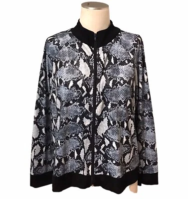 Chaqueta Slinky Brand Estampado de Reptiles Negra Blanca Cremallera Completa Para Mujer Talla Grande 1X Foto 1 de 4
