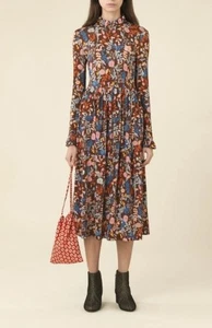 STINE GOYA Clarabelle Midi Dress Brown Floral Ruffles Knit Jersey Flowy Size 4 - Picture 1 of 7