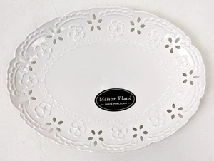 MAISON BLANC White Porcelain Cut Out Floral Oval Serving Tray Platter 12" x 9" - Picture 1 of 4