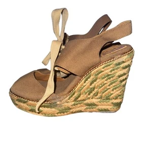 Tory Burch Linley Wedge Sandals Women's 8 M Green Tan Canvas Lace Up Slingback - Picture 1 of 9