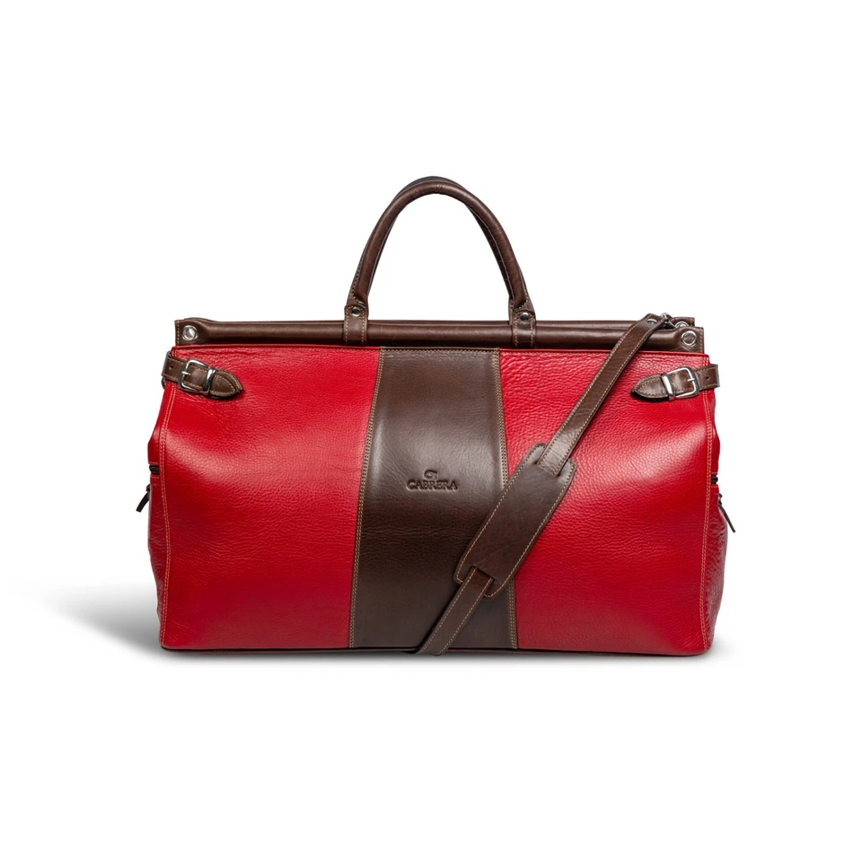 Bolso de Lona de Cuero de Diseñador Cabrera Azul Marrón Viaje de Fin de Semana Llevar Foto 1 de 4