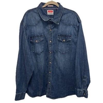 Chaqueta de mezclilla Wrangler para hombre 3X perla a presión azul oscuro flexible para comodidad occidental Foto 1 de 4