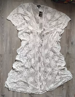 Forever 21 Sheer Ivory Lace Kimono Cover Beach Kaftan Maxi Tie Front 2X/3X NWT - Image 1 of 4