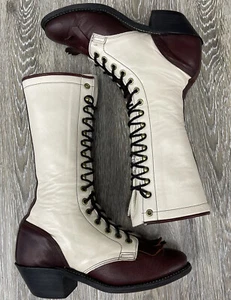 OLATHE Womens Vintage White Maroon 11” Lace Up Kiltie Packer Boots size 5.5 - Picture 1 of 9