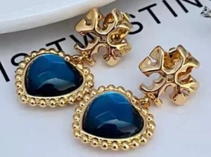 Tory Burch Lady Heart Shaped Blue Crystal Nice Limited Edition Lady Earrings - Picture 1 of 3