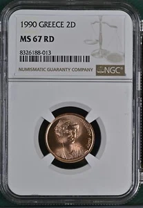 1990 GREECE 2 DRACHMES NGC MS-67 RD - Tied Finest Known None Higher 013 - Picture 1 of 2