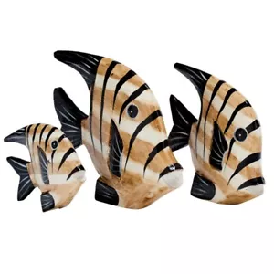 WOODEN ANGEL FISH ORNAMENTS SET OF 3 FAIRTRADESEASIDE BEACH Black Bathroom Gift - Picture 1 of 5