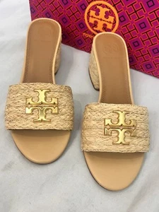 TORY BURCH Everly Raffia Sandals SIZE 7.5 block heel sandal - Picture 1 of 9