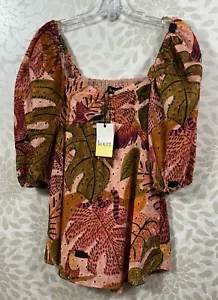 NWT Kourt Women’s S Tropical Print Eyelet Smocked Boho Long Sleeve Short Dress - Picture 1 of 14