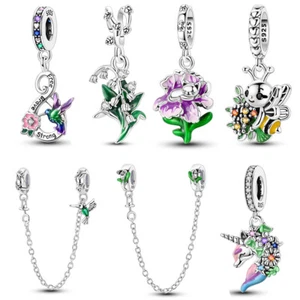 MULA S925 Sterling Silver Charm CZ Enamel Green Forest Flower For Women Bracelet - Picture 1 of 54