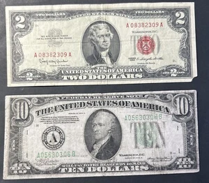 1934A $10 Green Federal BIG A Boston & 1963 $2 RED US Deuce Set of 2 - Picture 1 of 5