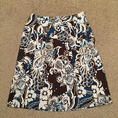 Платье сарая юбка размер 4 коричневый синий цветочный колена длина плиссированные трапеции - Изображение 1 из 4
