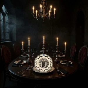 Juego de 4 platos de cena Halloween Royal Stafford England Haunted House 666 nuevos con etiquetas - Imagen 1 de 2