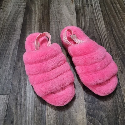UGG Fluff Yeah Hot Pink Fluffy Fur Strap Logo Slingback Slippers Sandals Size 10 - Image 1 of 4
