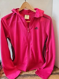 Adidas Hoodie Women Medium Pink Black Stripe Full Zip Up Light Jacket - Picture 1 of 10