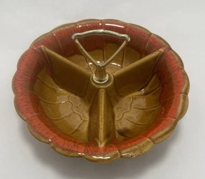 Vintage Divided Relish Nut Candy Dish Brown Orange Drip MCM California Pottery - Picture 1 of 12