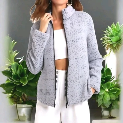 SEVENTH AVENUE Blue/Gray Soft Thick Sherpa Like Full Zip Jacket Pockets LARGE  - Image 1 of 4