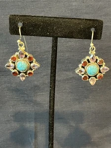 Sterling Silber Amethyst Türkis und Granat Ohrhänger Neu - Bild 1 von 4