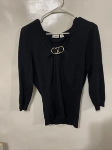 Schwarzer taillenbetonter Pullover mit V-Ausschnitt Goldverzierung - Damen Größe L - Bild 1 von 9