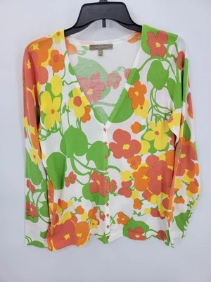 Tommy Bahama Sweater Womens Medium Orange Green Floral Artsy Boho Preppy Cotton - Image 1 of 4