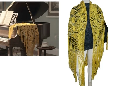 Vtg Ribbon Shawl Wrap Fringe lace boho Victorian macrame Piano Shawl - Image 1 of 4