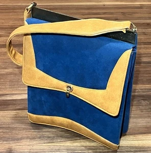 VTG Royal Blue Sueded Fabric & Gold Faux Leather Purse W/Gold Tone Hardware - Picture 1 of 22